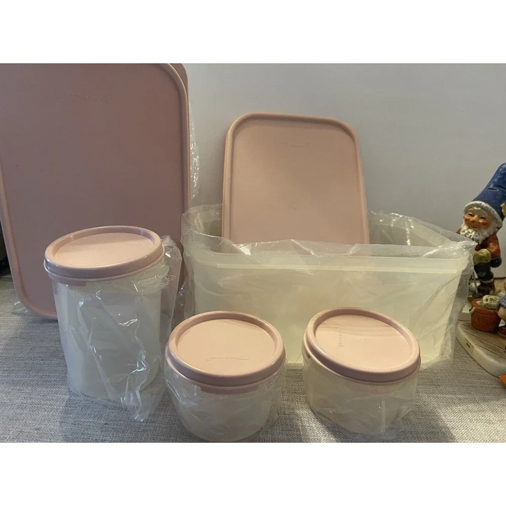 Vintage NOS Tupperware Pantry Storage Canister Set Pink Lids USA 10 Pc